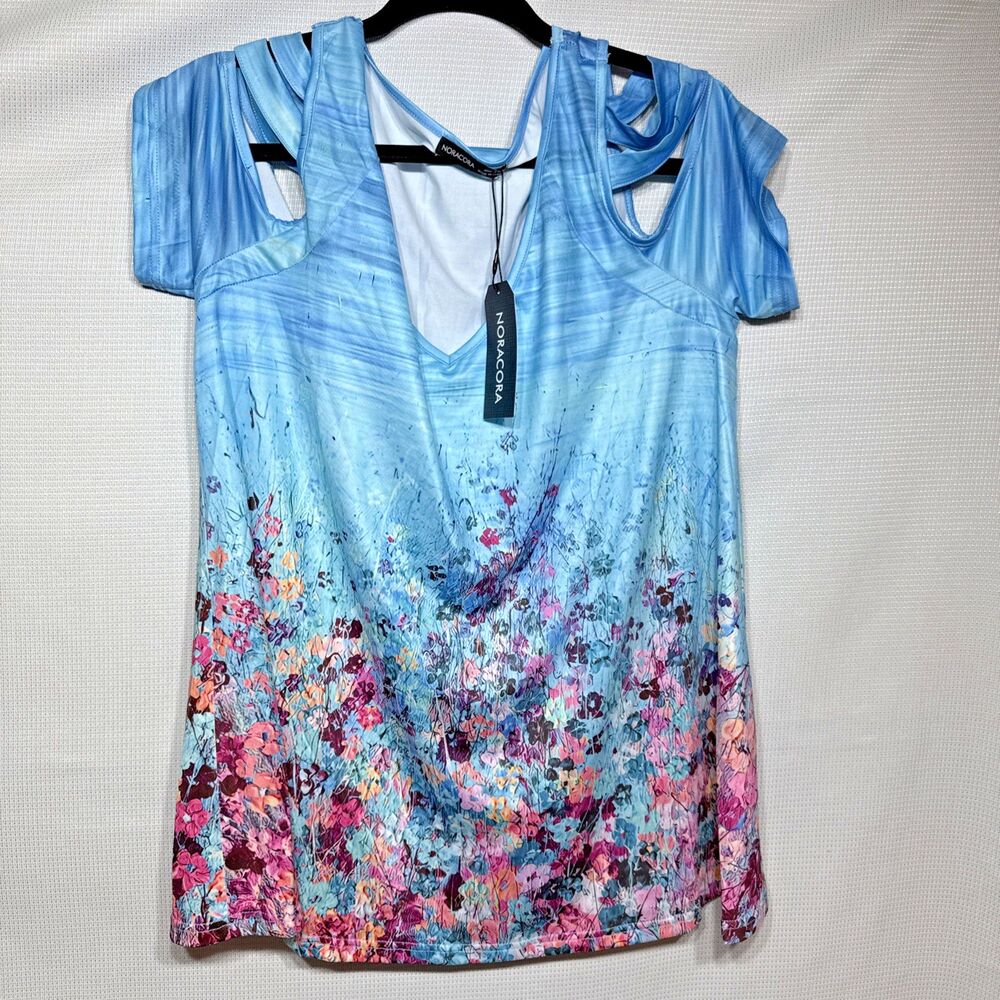 Noracora Women's Floral Short Cut Out Sleeve V Neck Tunic Top - L - NWT